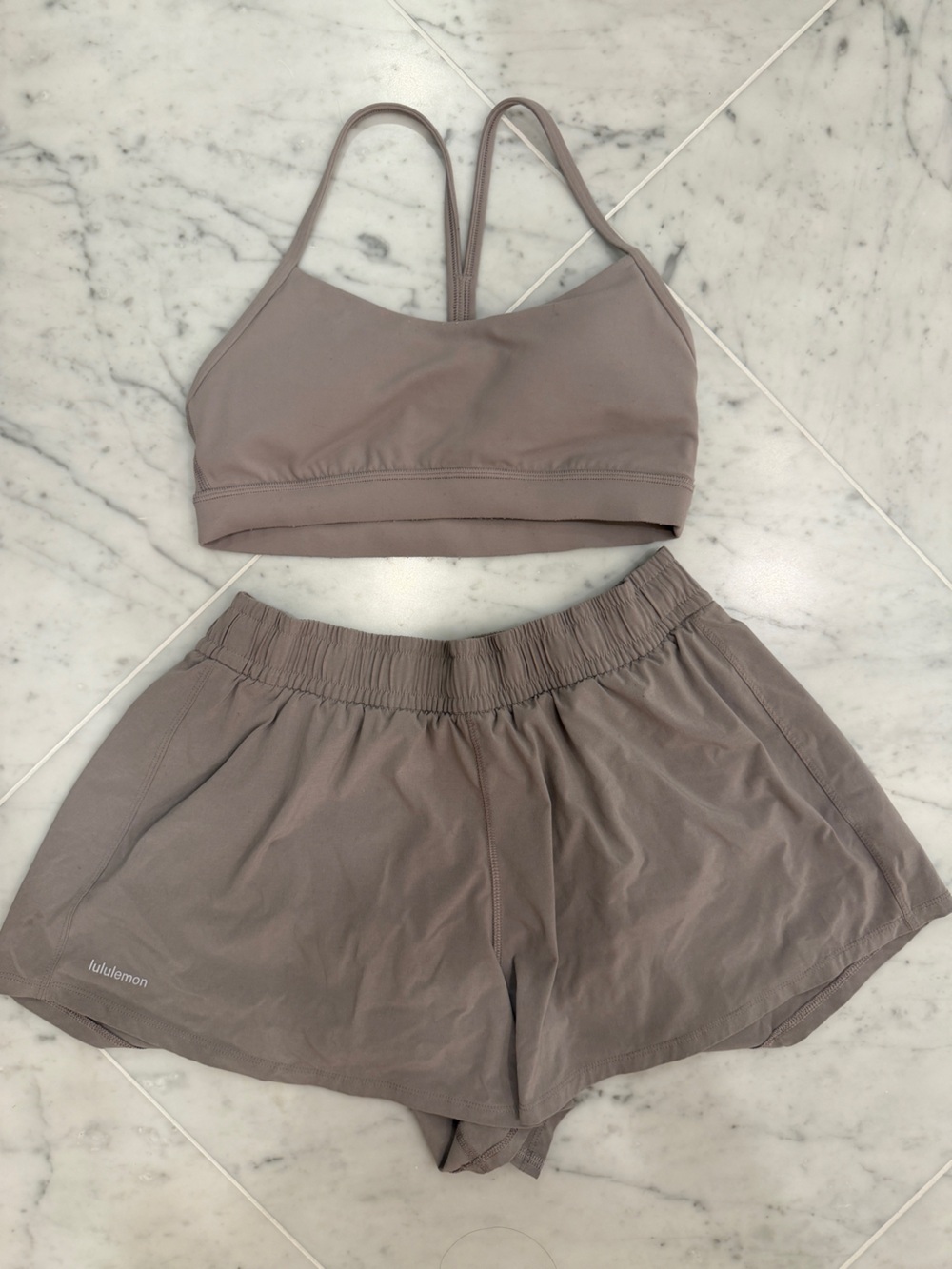 Lululemon 3-Piece Set - Taupe Wrap Top, Sports Bra & Shorts - Picture 2 of 4